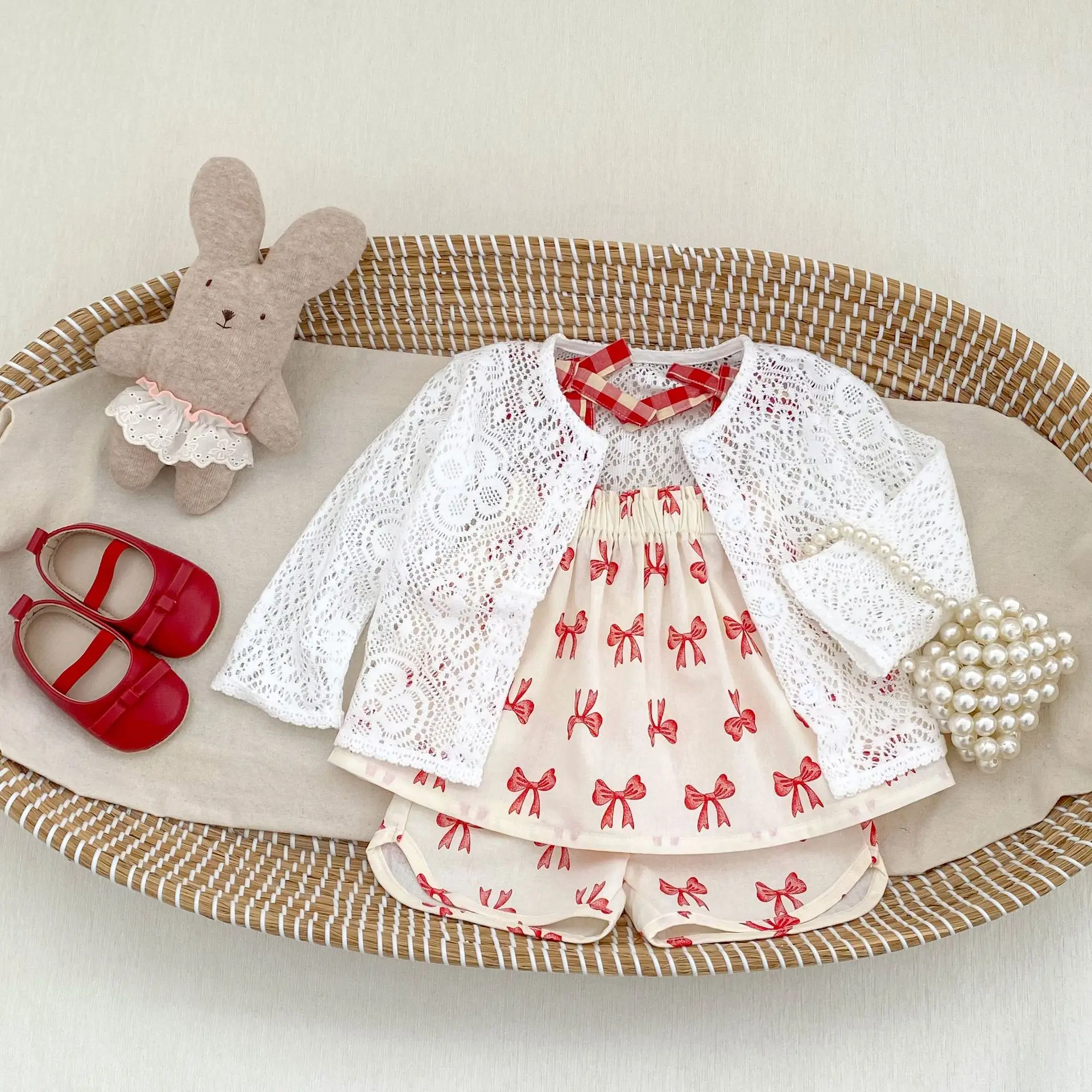 Thin Children's Clothing 2026 Summer New Style Girl Baby Western-style Set Bow Strap Top+shorts Two-piece Set