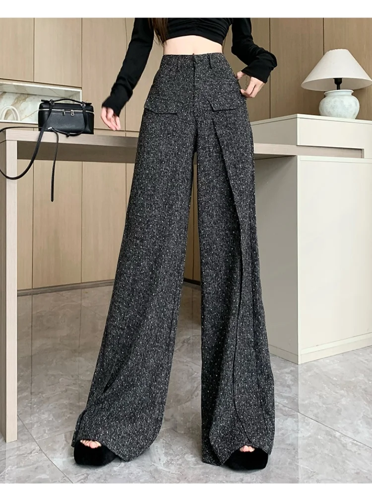 SMTHMA New Autumn Design Diamond Hot Stamping Casual Pants For Women irregular High Waist Hanging Feeling Floor Length Pants