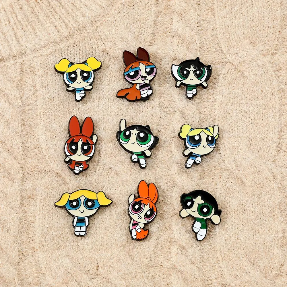 Funny Cartoon Powerpuff Girls Enamel Pins for Backpack Brooch Accessories Anime Jewelry Clothing Pins Gift for Kids