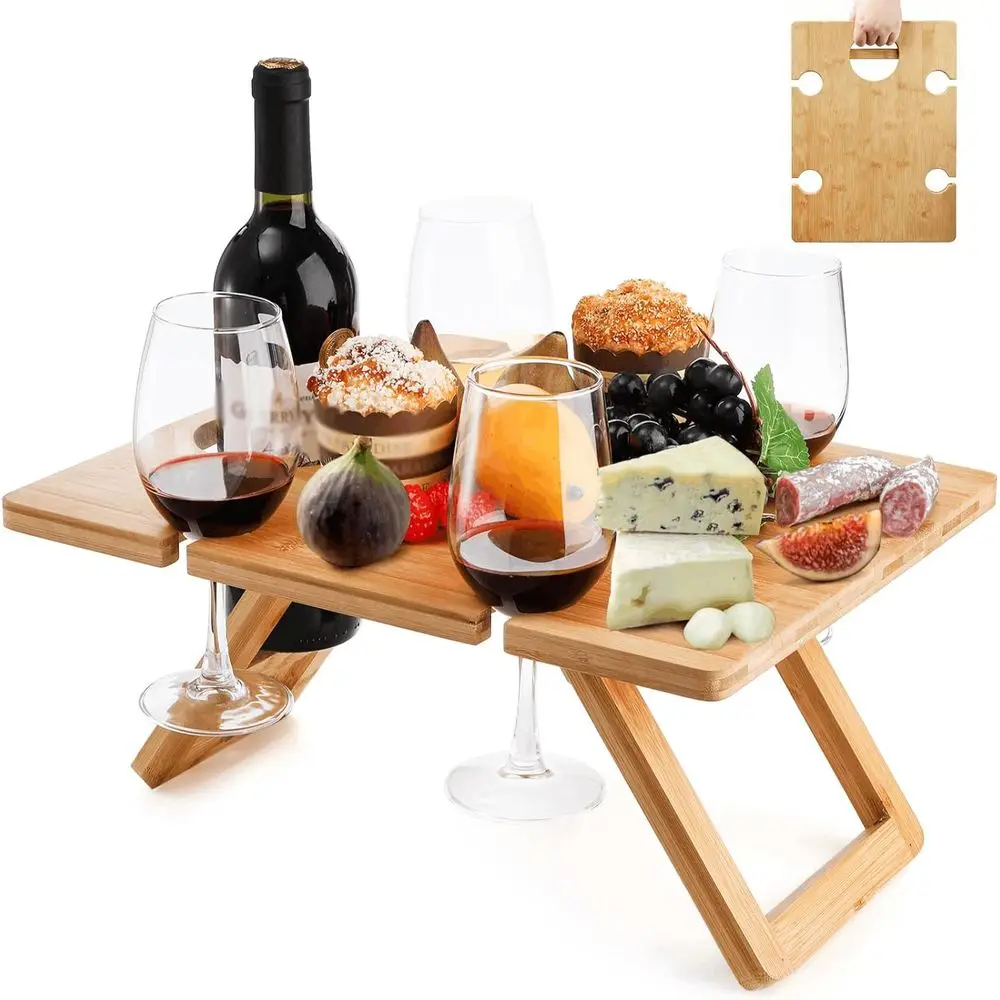 Collapsible Wine Picnic Table with 5 Glass Holders, Ideal for Outdoors, Beach, and Wine Enthusiasts