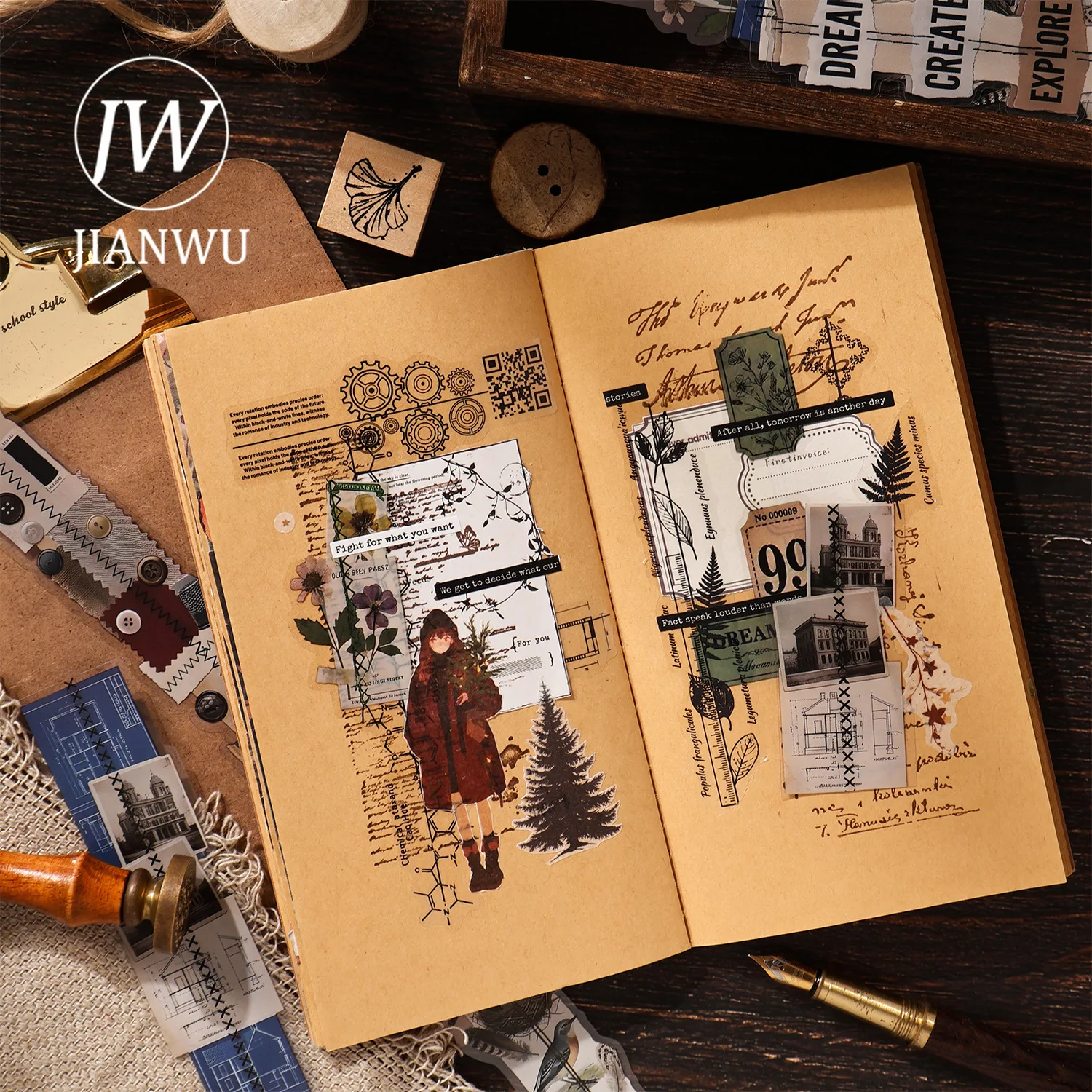 JIANWU Vintage Life Ruler Bill Label Landscape Material Collage Scrapbooking PET Sticker Creative DIY Journal Stationery - view 4