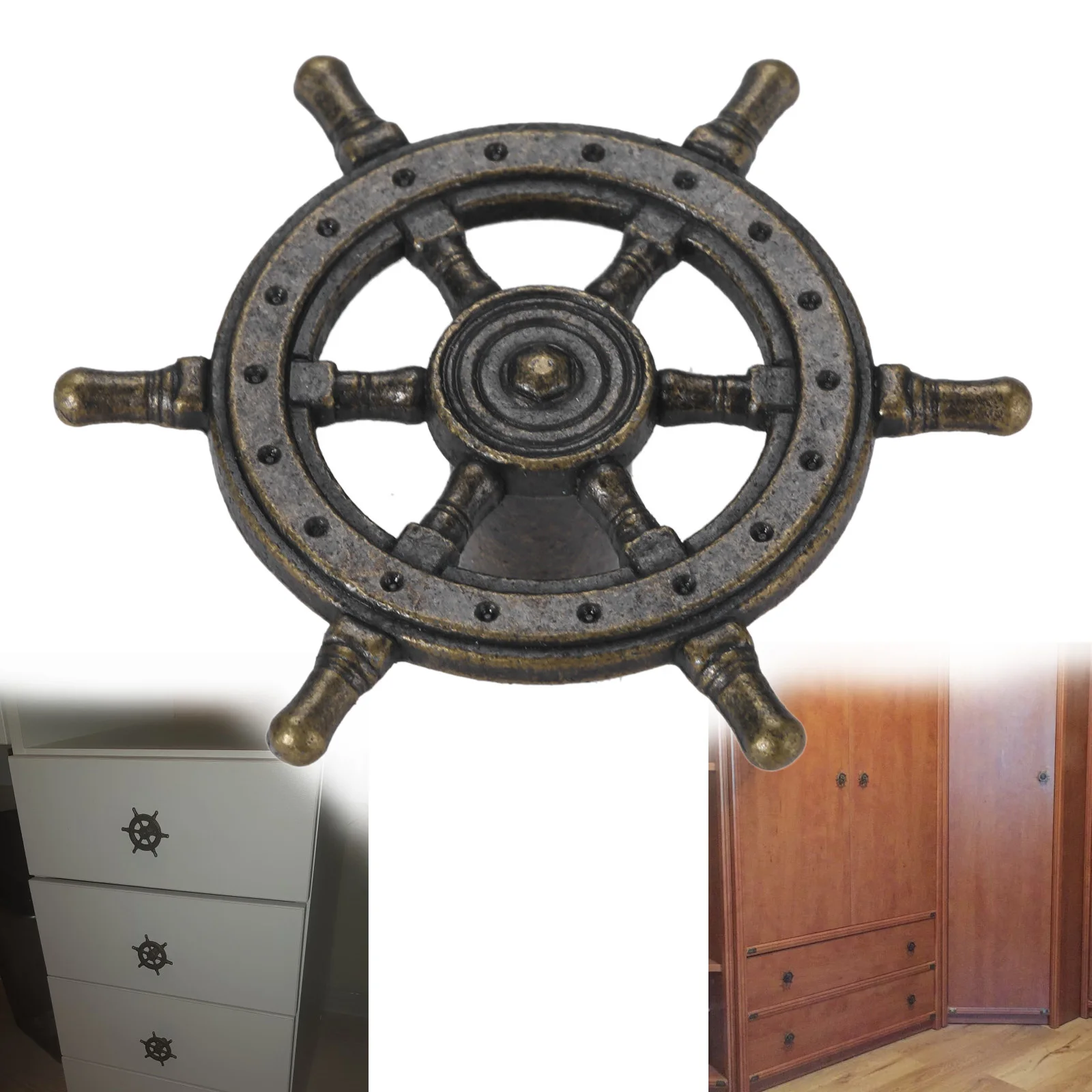 10pcs Steering Wheel shape Knob Antique Creative Handle Single Hole Pull Captain Rudder Decor Bedroom Kids' Room Living Room