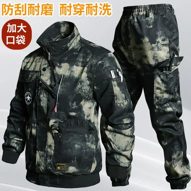 Men Camo Workwear Set Spring Autumn Wear Resistant Durable Jacket Pants Construction Site Labor Uniform
