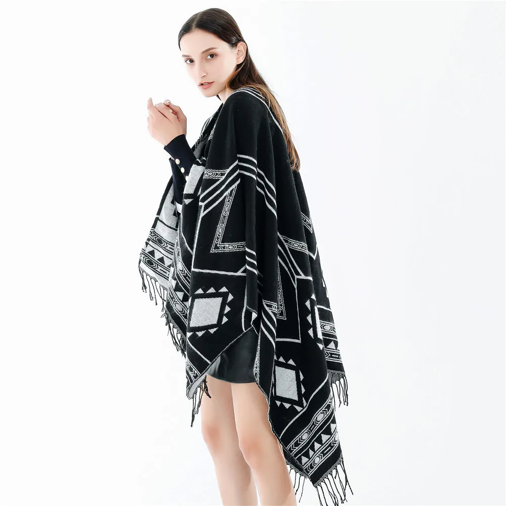 New Indian Nepalese Style Geometric Tassel Split Women Shawl Warm Air Conditioning Room Lady Cloak Poncho Capes Black Khaki