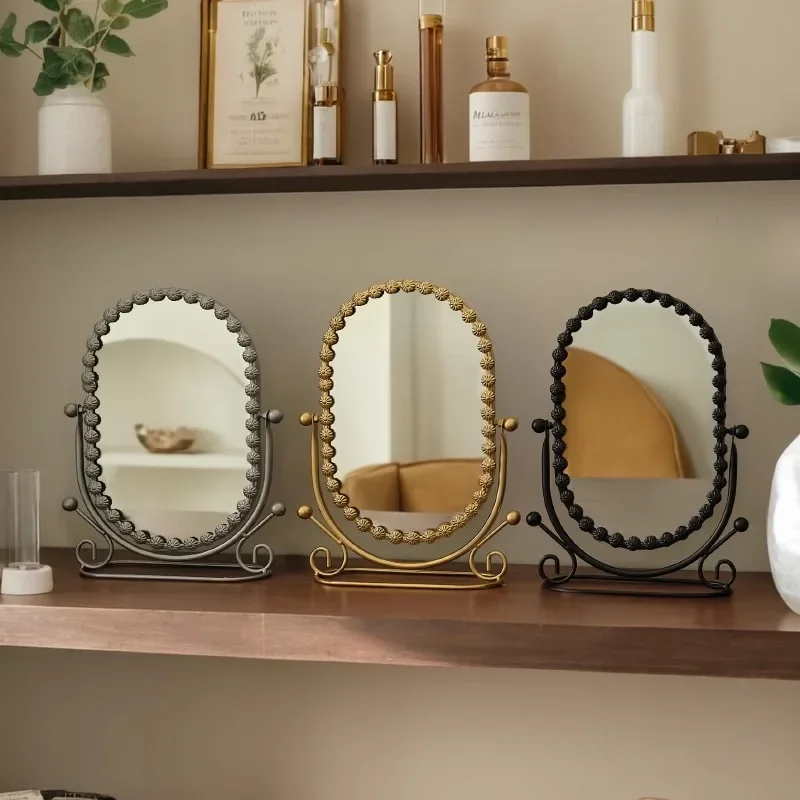 Retro Desktop Vanity Mirror European Style Vertical Dressing Mirror High-definition Mirror Gold Frame For Luxury Bedroom Decor​