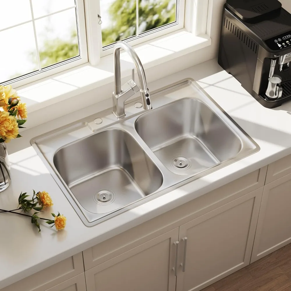 

33 Inch Drop In Double Bowl Kitchen Sink 33x22 Topmount 50/50 Stainless Steel 18 Gauge Sinks with Basket Strainer 33" x 22" x 9"