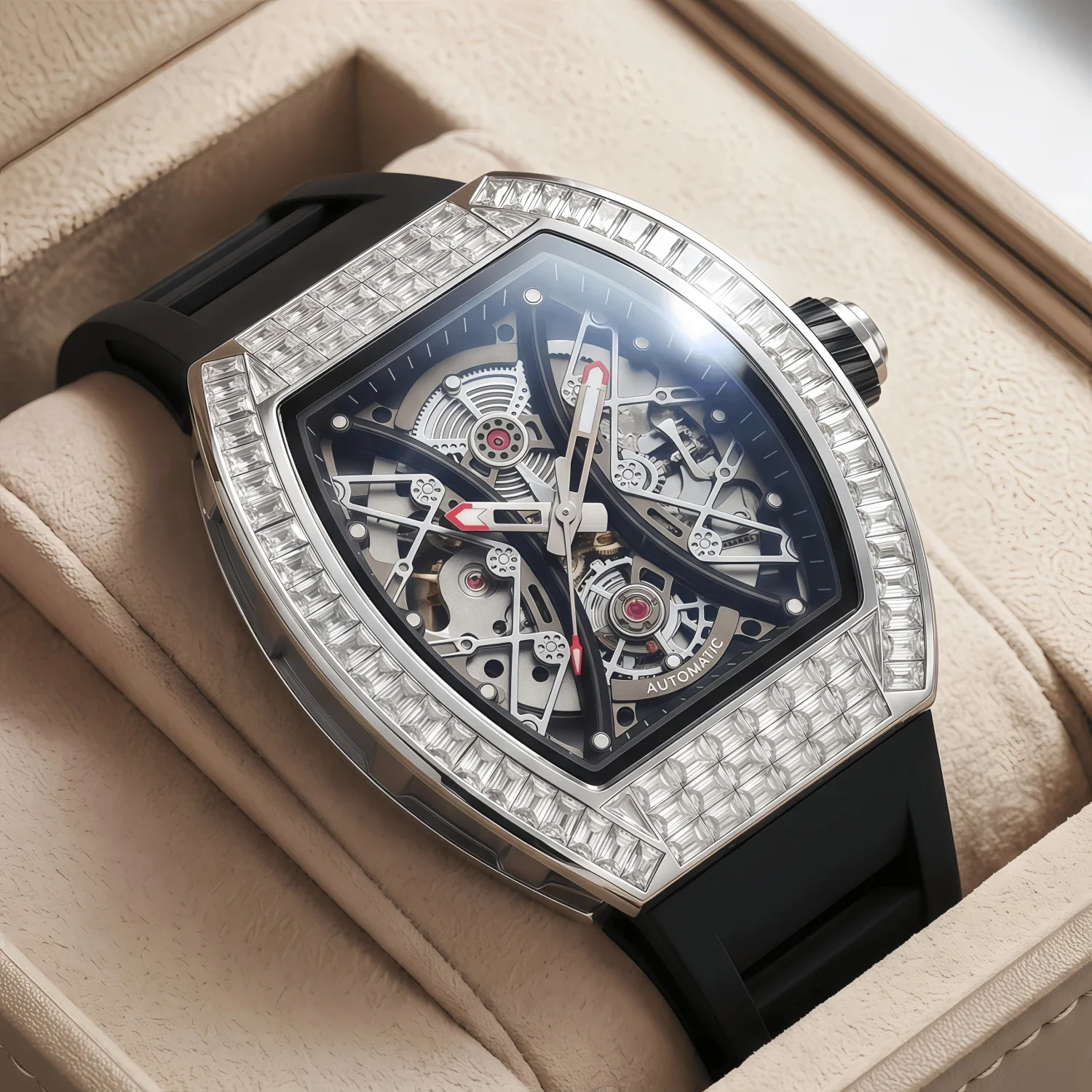 ONOLA 3838F Fashionable Diamond Studded Wine Barrel Shaped Dial Hollowed Out Automatic Mechanical Design Men Machinery Watch