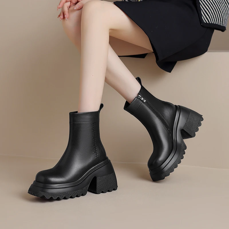 

2025 New Women Chelsea Boots 100% Genuine Leather Platform Ankle Boots 10CM High Heel
