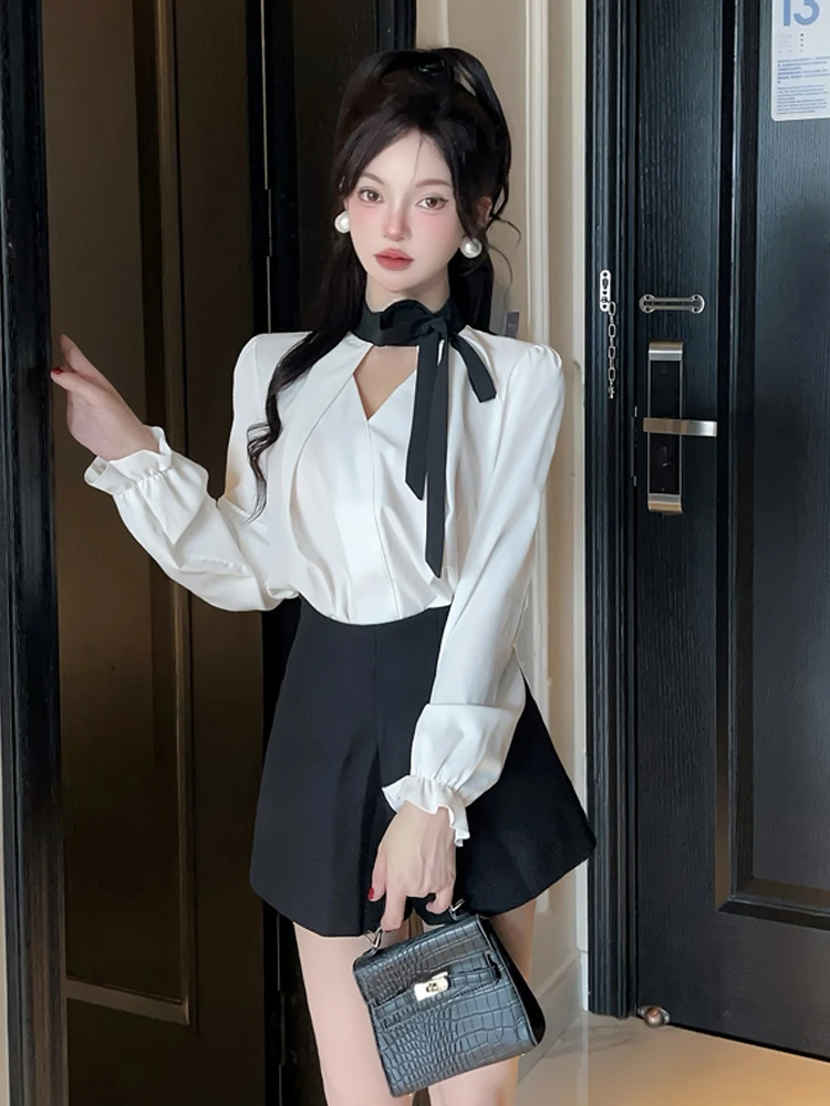 

Ele Sweet V-ne Knot Long Sve irt High Waist Slimming orts Profional Commute Two-piece Set Women's F...
