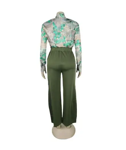 2피스 세트 여성 의류 2025 우아한 프린트 브이넥 셔츠 와이드 레그 팬츠 세트