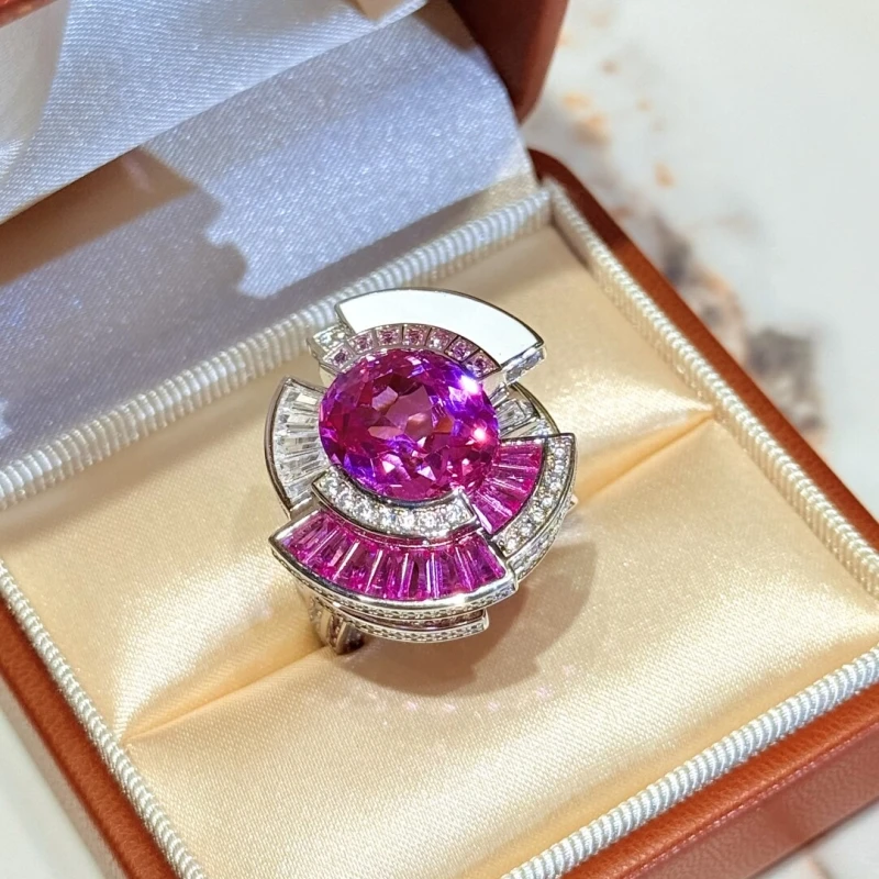 

BELLUX New Design Pink disc Pitaya Color 925 Silver Synthetic Zircon Luxury Ring Fashion Fine Jewelry
