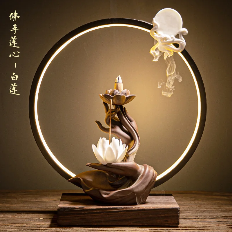 Buddha Hand Backflow Incense Burner Waterfall Incense Burner Lotus Holder Censer Fragrance Stand Ceramic  Decoration