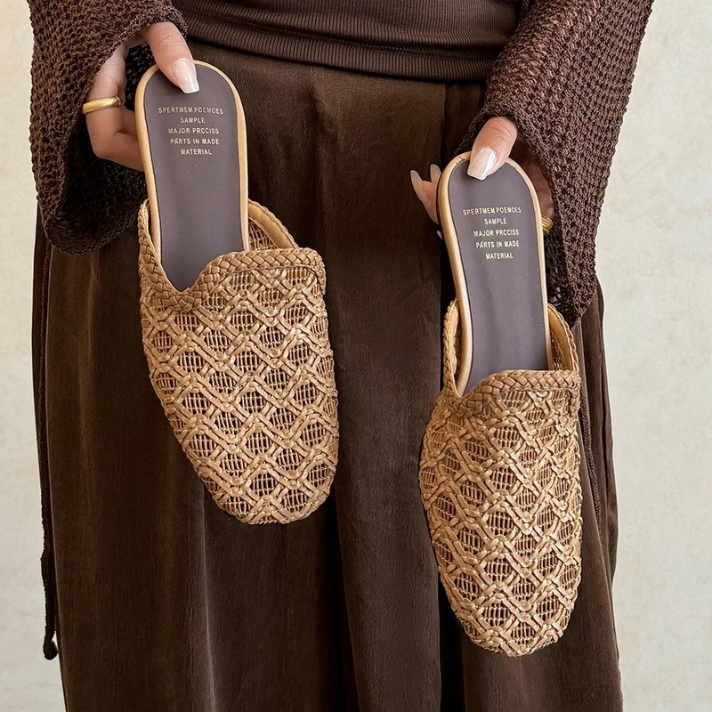

Women's new summer genuine leather sheepskin woven middle heel hollow breathable retro toe Mueller shoes fashion slippers