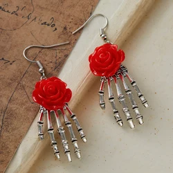 Gothic Red Rose And Silver Plated Skull Hand Earrings Wedding Party Holiday Gift For Men And Women Everyday Jewellery