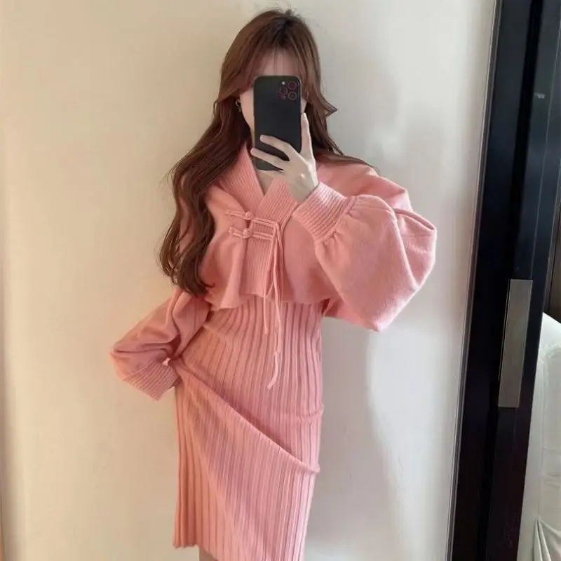 Autumn and winter knitting suit women\'s short sweater shawl coat suspender dress two-piece set