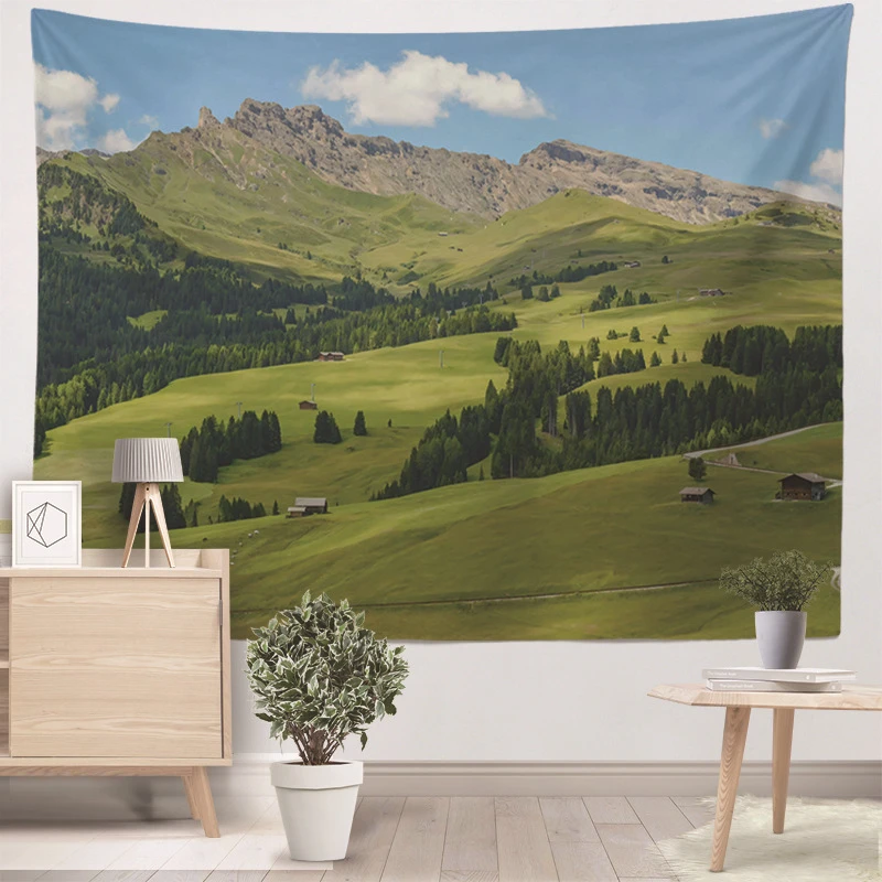 VIKAMA Alpine Meadow Mountain Tapestry Wall Hanging Green Hills Pine Forest Cabin Nature Aesthetic Wall Art Bedroom Decor