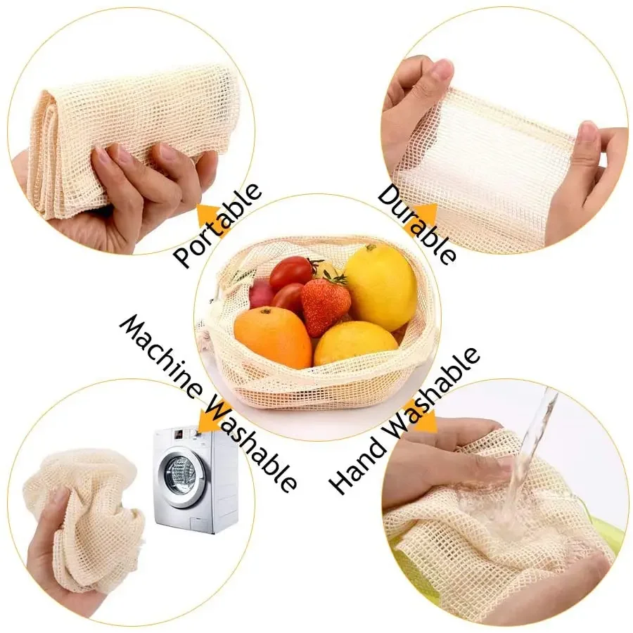 3pcs Reusable Cotton Vegetable Bag Eco Mesh Produce Bags for Vegetable Fruit Kitchen Washable Grid Storage Bag With Drawstring