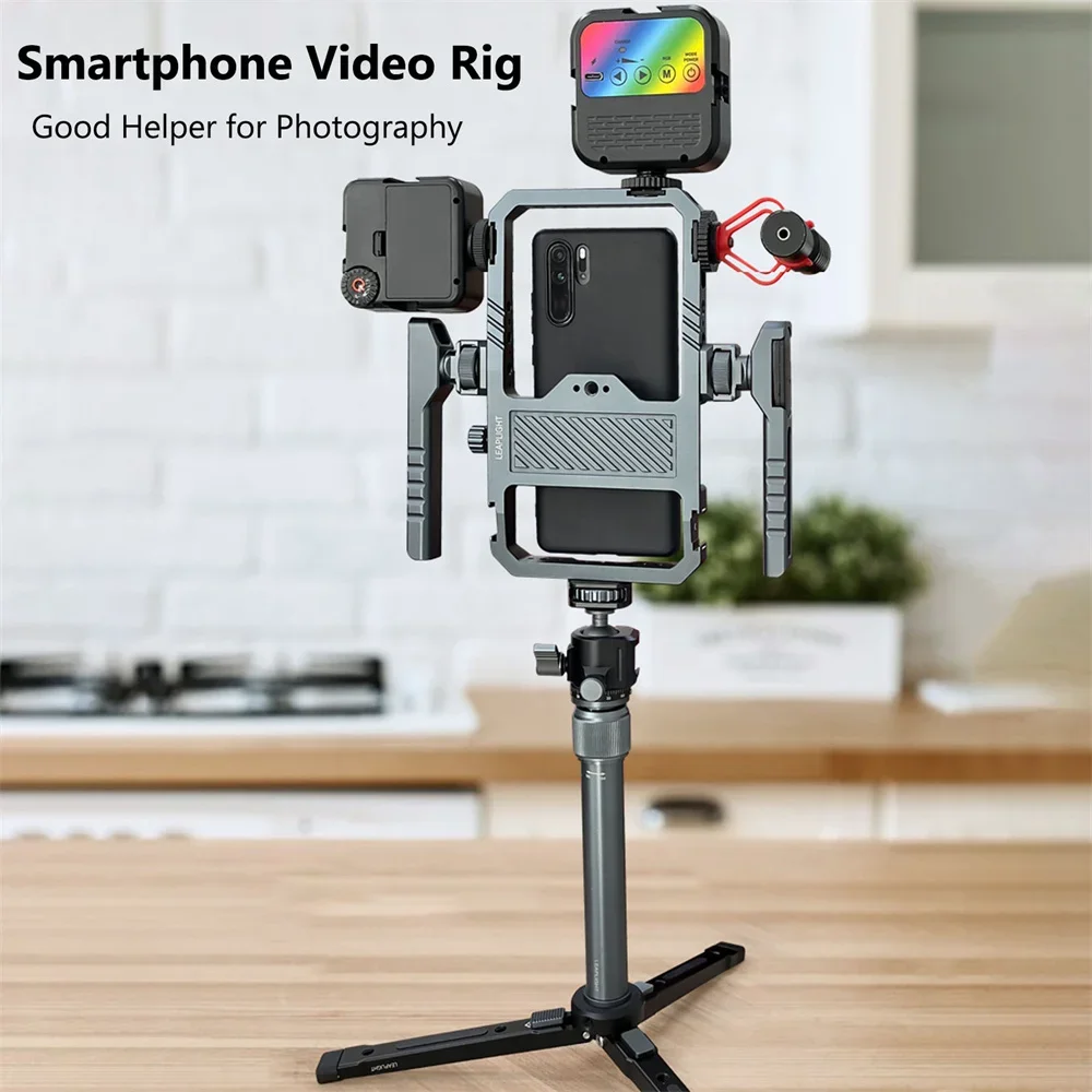universal-metal-phone-cage-smart-stabilizer-w-handgrip-phone-holder-for-iphone-15-14-13-andriod-mic-led-light-filmmaking-video