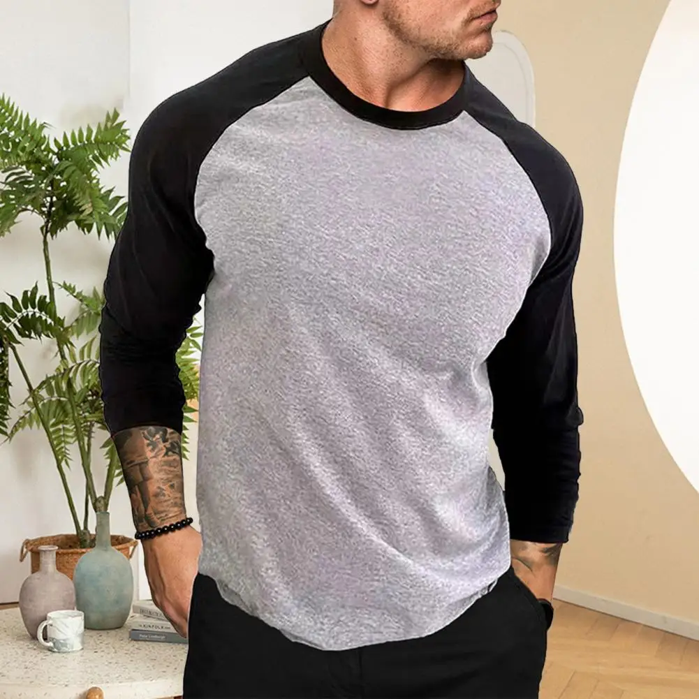 New Casual Round Neck Long Sleeves TShirt Men Spring Autumn Patchwork Gym Clothing Fitness Pullover Sports Raglan Sleeves Tshirt