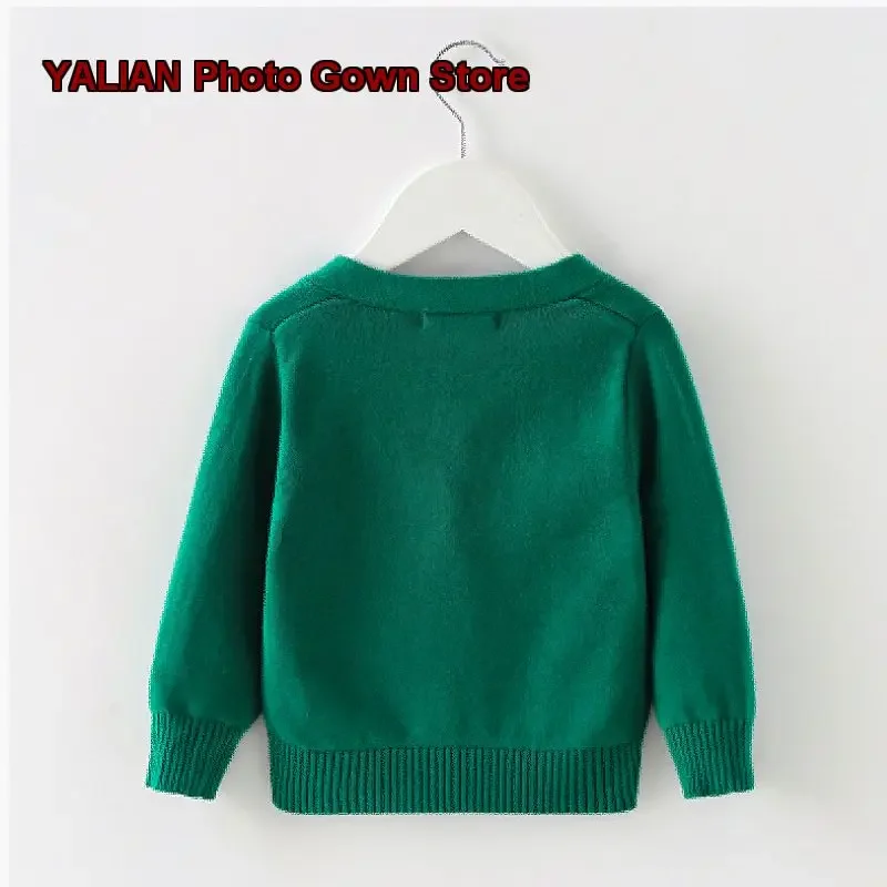 Children Knit Coat Boys Girls Infants Pure Cotton Round Neck Long Sleeves School Uniform Green Kids