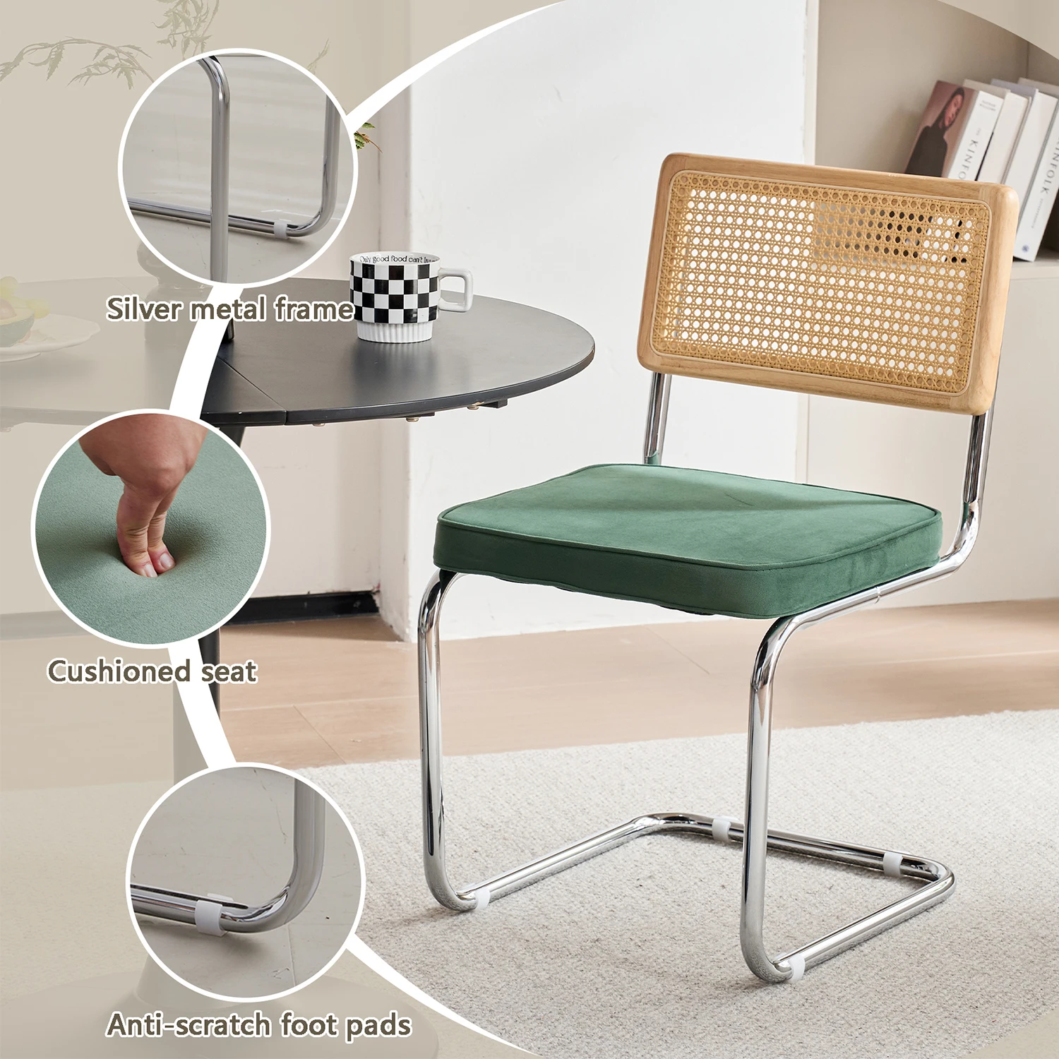GrandCA HOME 2/4 Stück nordische Esszimmerstühle, mit holländischem Samt gepolstert, Edelstahlrahmen, Stühle mit Rattan-Rückenlehne für Wohnzimmer – Detail 5