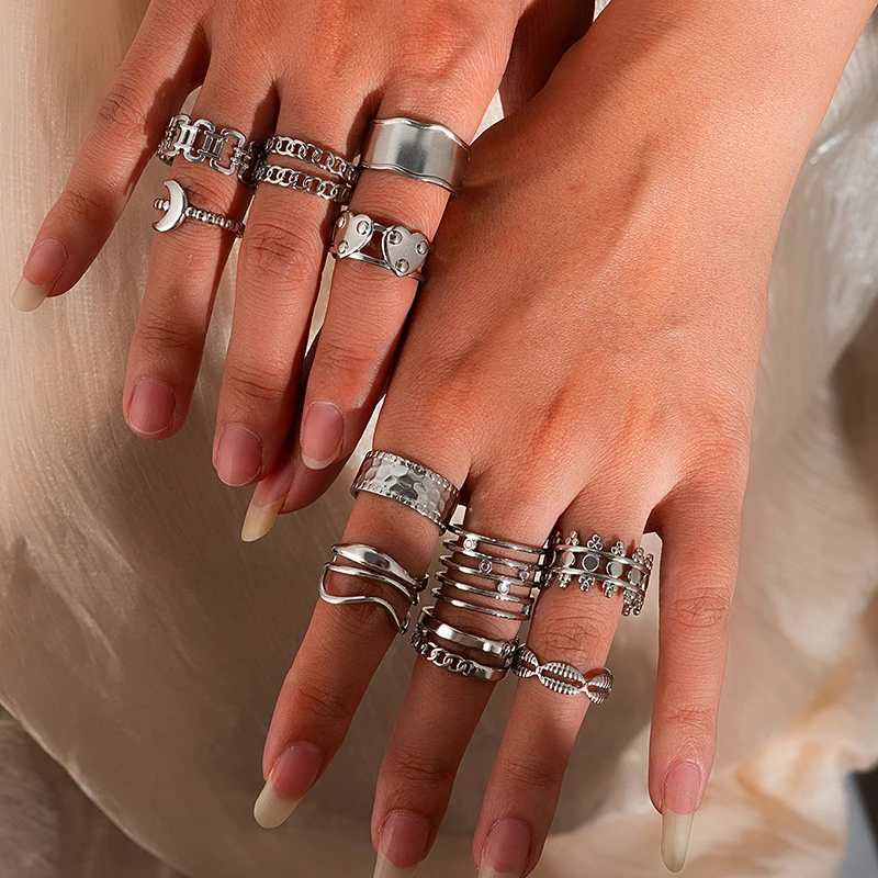 ANENJERY 316L Stainless Steel Multi Layer Moon Line Smooth Open Ring for Women Men Special Personality Jewelry Gifts Wholesale image 2
