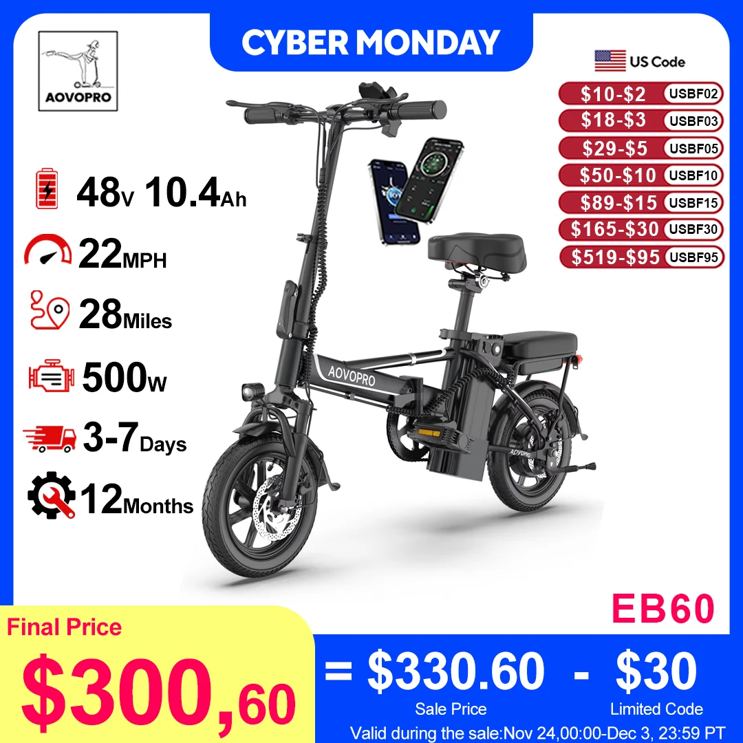 

AOVOPRO EB60 Black Foldable Ebike 500W 48V 10.4AH Electric Bicycle 22MPH Speed 28Miles Long Range with Two Seats for Adult