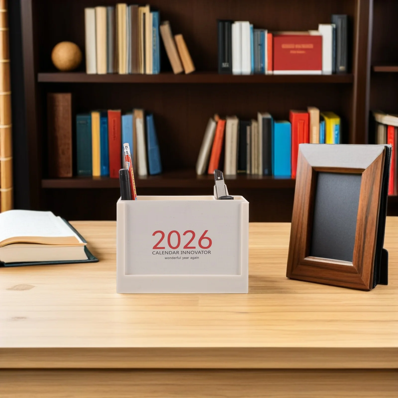 

Decorative Desktop Organizer with Calendar and Pen Holder 2-in-1 Multi-Compartment Pencil Rack for Office School Stationery