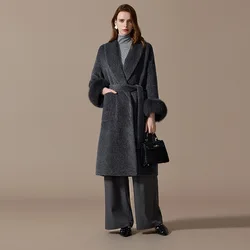 Women's 100% suri alpaca wool coat with fox fur cuffs, long style, winter thickened,(TU241049 1 piece)