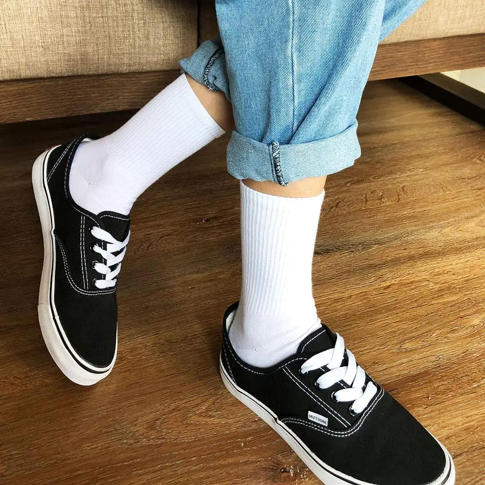 5 Pairs Women White Socks Cotton Harajuku Korean Style Socks For Girl And Boys School Middle Tube Socks