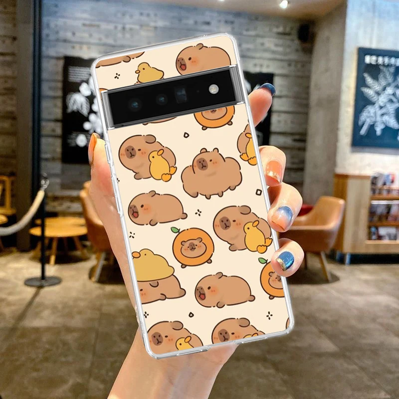 Cartoon Animal Capybara Couple Paired Phone Case For Google Pixel 9 8 7 6 Pro XL 8A 7A 6A 5 4 5A 4A 3A XL 5G Clear TPU Cover