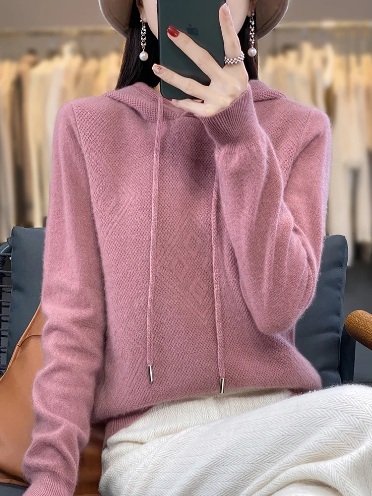 2026 Autumn/Winter Merino Wool Women's Fashion Basic Wool Hooded Pullover Solid Color Soft Long Sleeve Wool Top Pullover