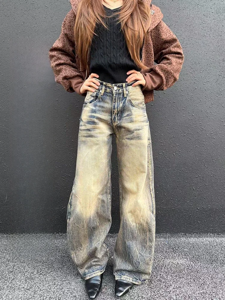 

Retro American Waed Bamboo Fiber Wide Leg Pants Men Women High Street Design Sense Knife Jeans Casual Sle Polyester ...