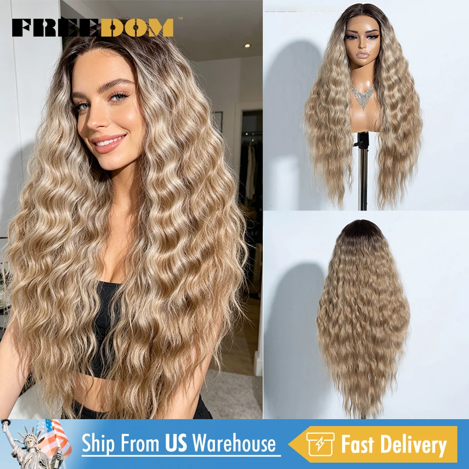 

FREEDOM Curly Wavy Synthetic Lace Front Wig 30 Inch Ombre Brown Blonde Lace Wigs For Women Highligt Cosplay Wigs US Local Ship