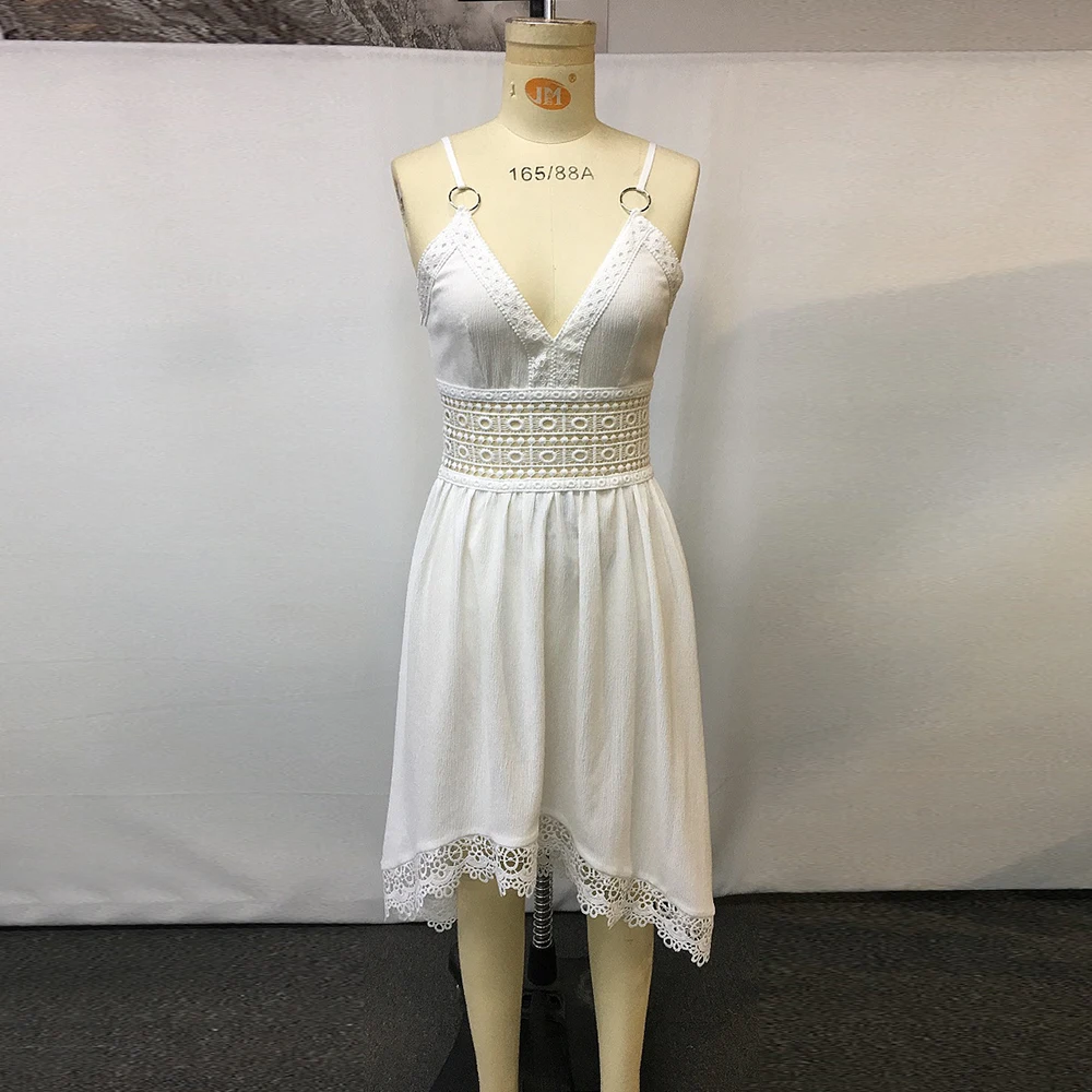Western Bohemia Women's Dress White Lace Hollow Out High Waist Sleeveless Vacation Midi Dress Chic Ruched Irregular Hem Dresses