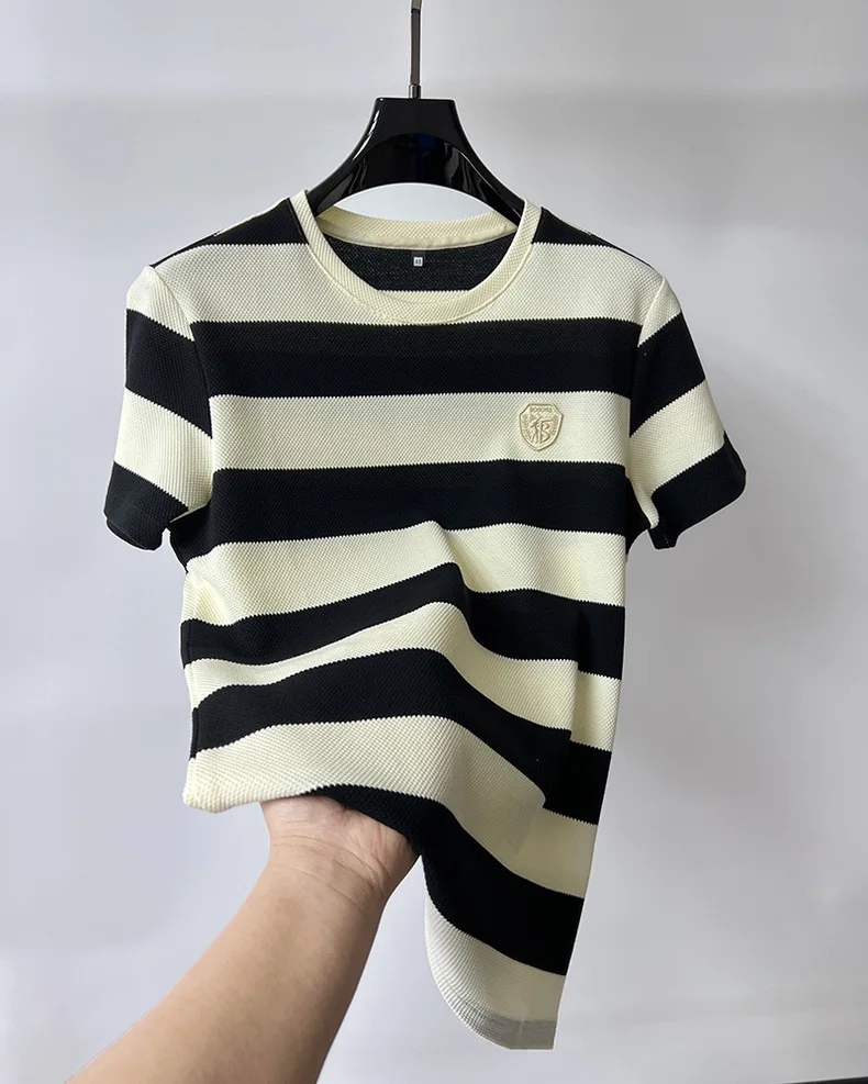 2024 High end brand fashion badge printed short sleeve T-shirt men summer trend striped round neck T-shirt casual breathable top