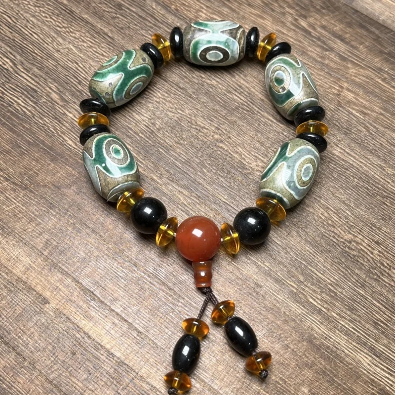 

Tibetan Genuine Pure Dzi Beads Premium Tibetan Agate Green Three-Eyed Dzi Beads Bracelet Patina Oil-Rubbed Dzi Beads Bracelet