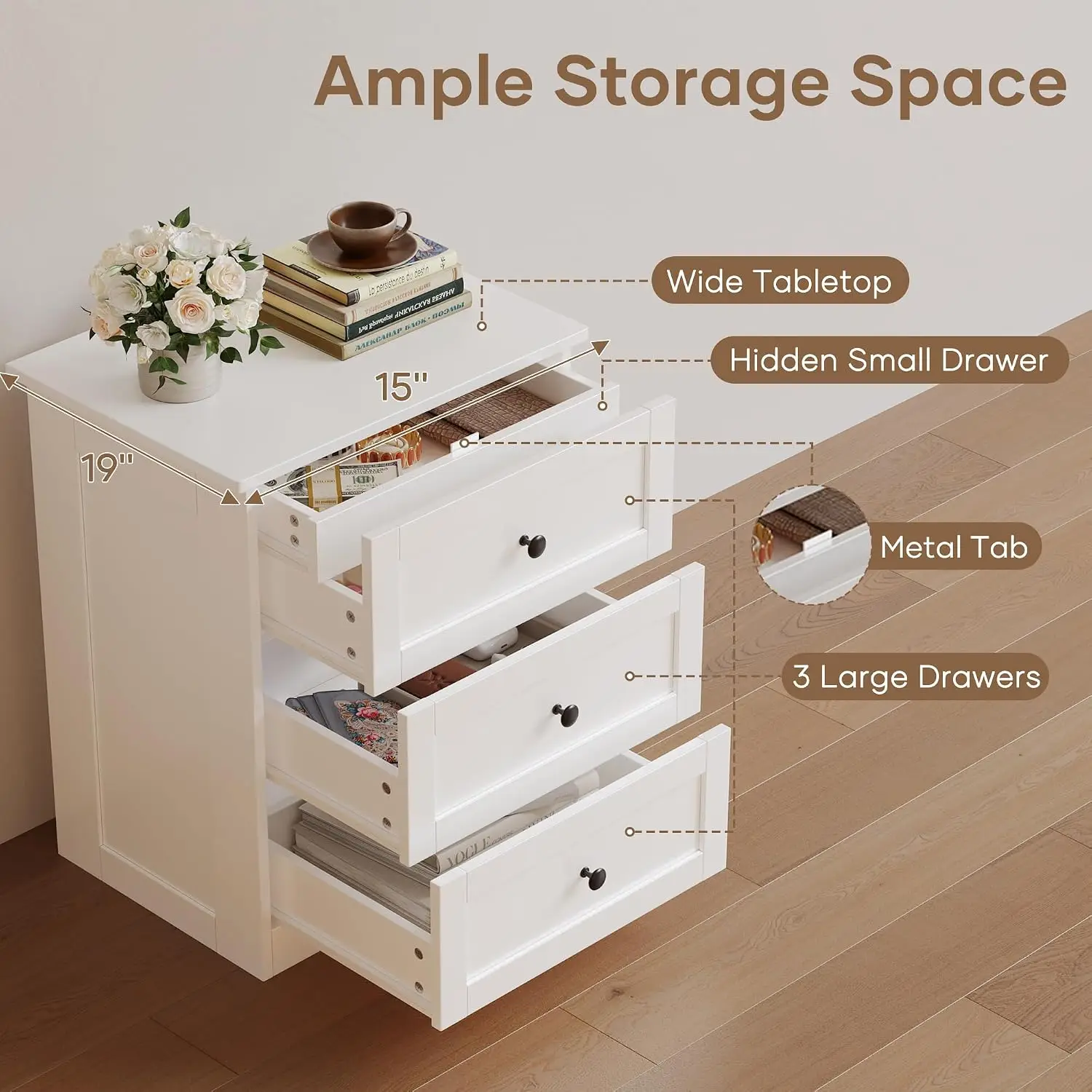 Nightstands Set of 2 with Hidden Drawer, White
