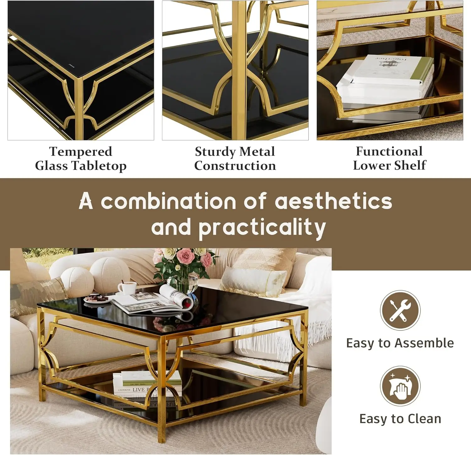 33.5" Modern 2-Tier Square Coffee Table - Glass Table with Metal Base, Center Accent Table for Small Space/Living Room/Bedroom