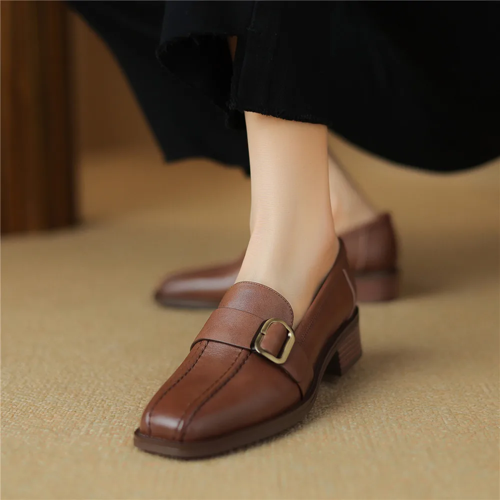 FEDONAS Spring Summer Women Pumps Genuine Leather Square Toe Thick Heels Fashion Belt Buckle Office Lady Working Shoes Woman New