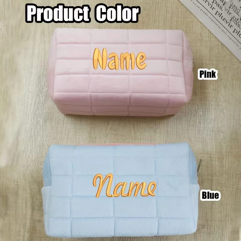 Embroidered Name Women's Zipper Makeup Organizer Personalized Text Handbag Solid Cosmetic Storage Bag Travel Daily Toiletry Bag