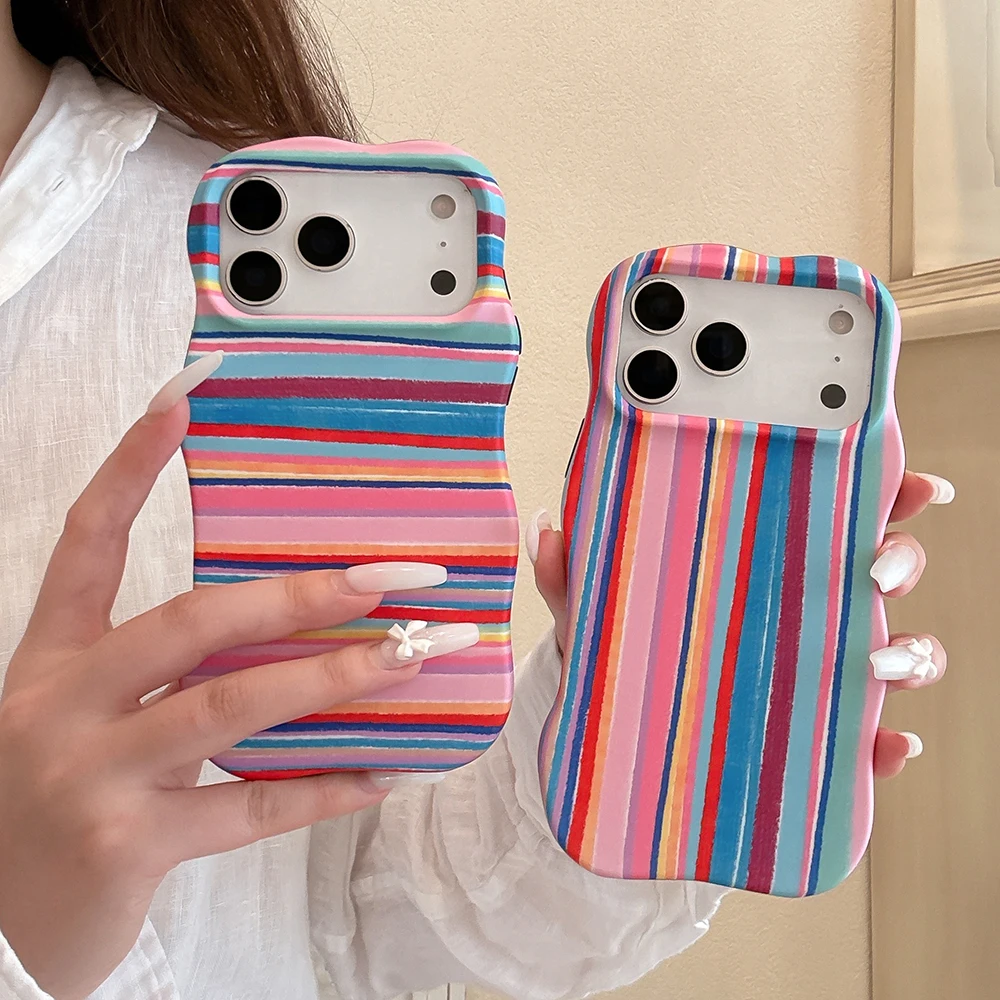 

Rainbow Stripes Pattern 2 IN 1 Wave Edges Shockproof Phone Case for iPhone 17promax 17pro 17 13 14 15 16 Promax Protective Cover