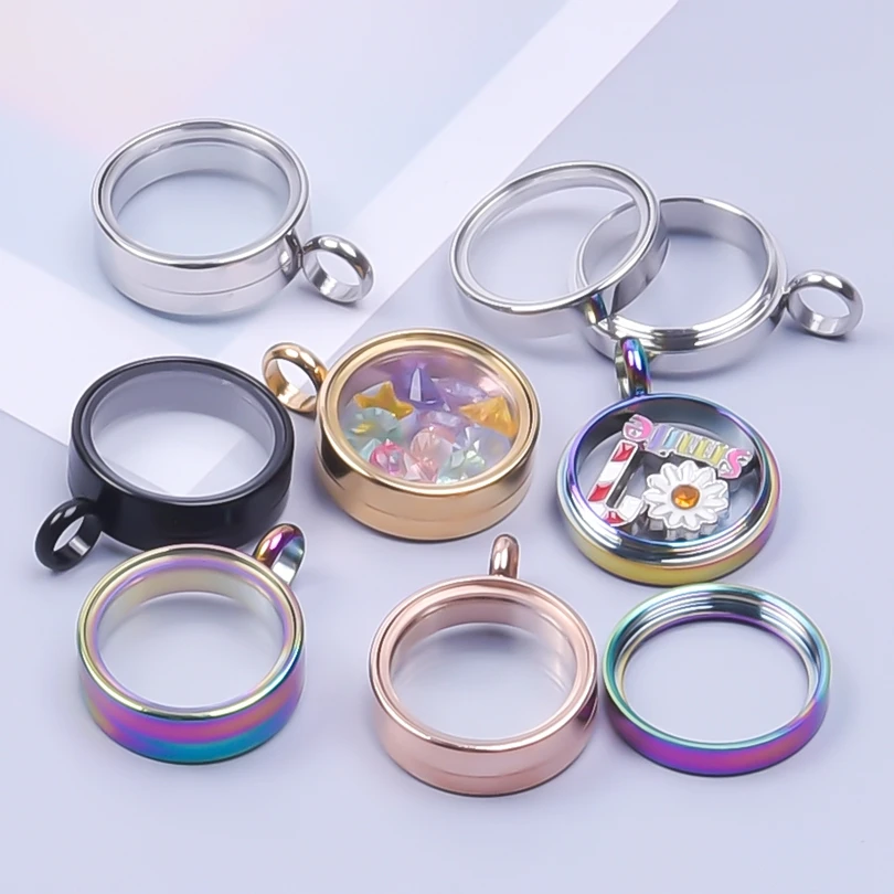 1Pc Stainless Steel 10-40mm Clear Glass Round Memory Relicario Colgantes DIy Floating Living Locket Coin Holder Jewelry Finding