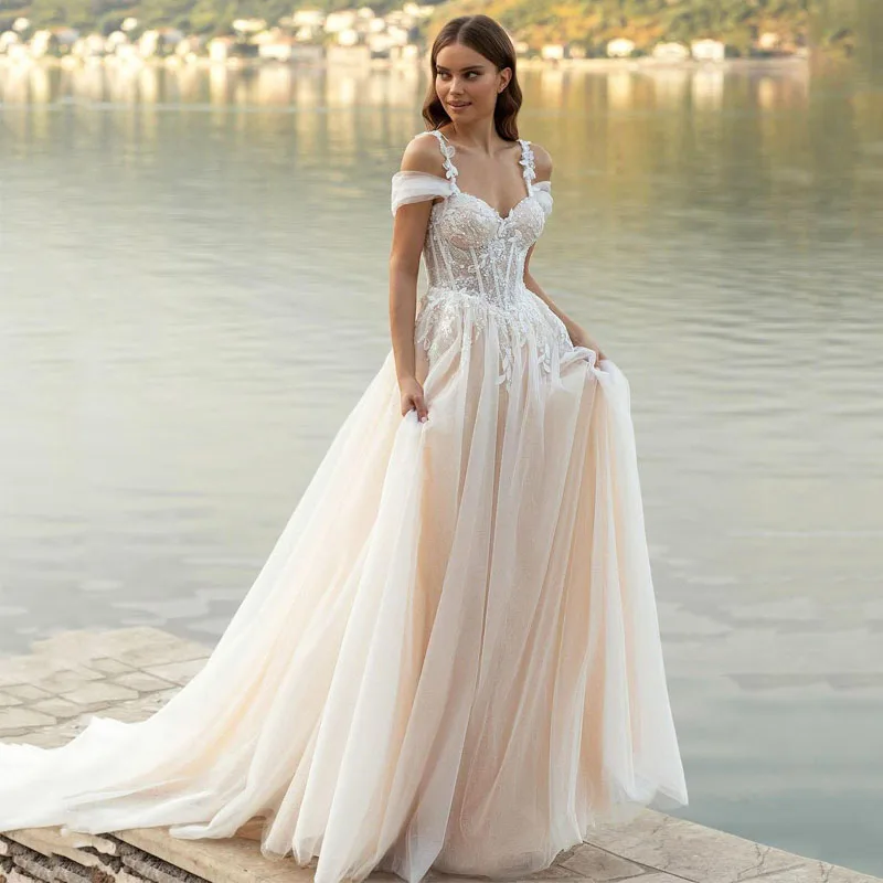 Prisness – robe de mariée de princesse, tenue de plage, avec des Appliques en dentelle, bretelles Spaghetti, Corset à épaules dénudées, sur mesure