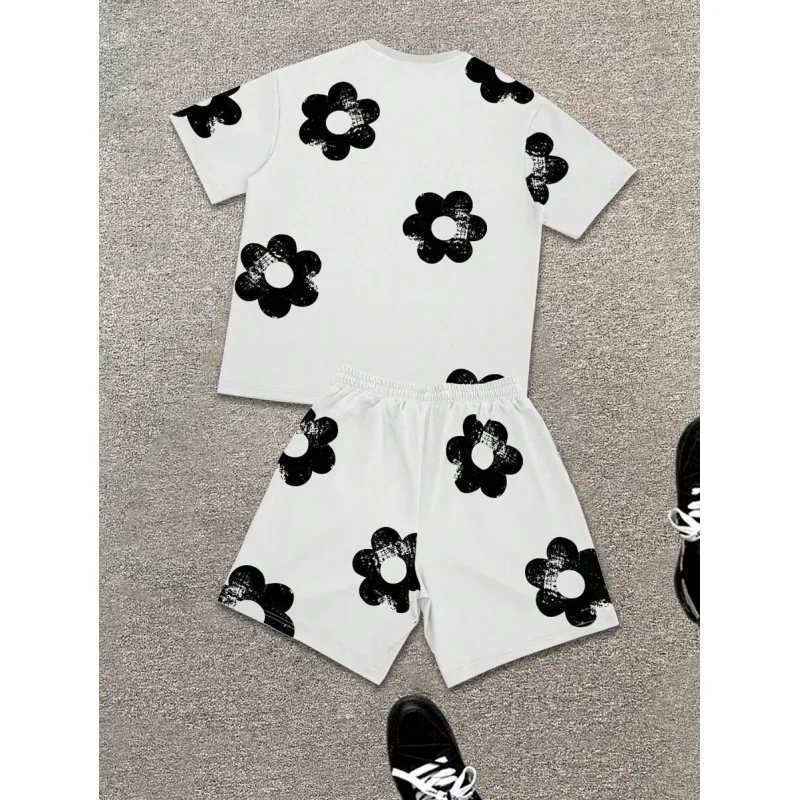 Men's Letter & Floral Print Round Neck Short Sleeve Casual T-Shirt And Drawstring Waist Shorts Suit