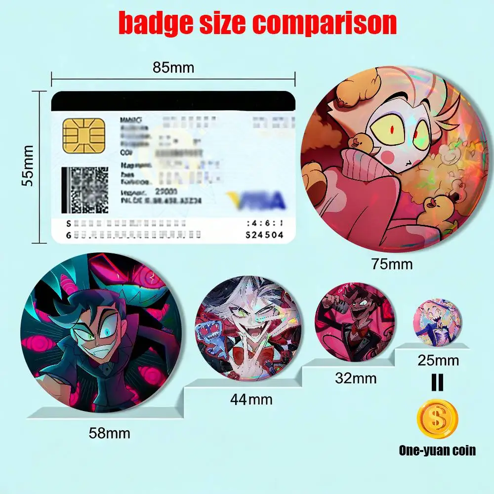 Comedy Lucifer Morningstar Hazbin Hotel Vox Reflective Pin Tinplate Round Brooch Cartoon Cosplay Badges for Bag Hat Toys Gifts