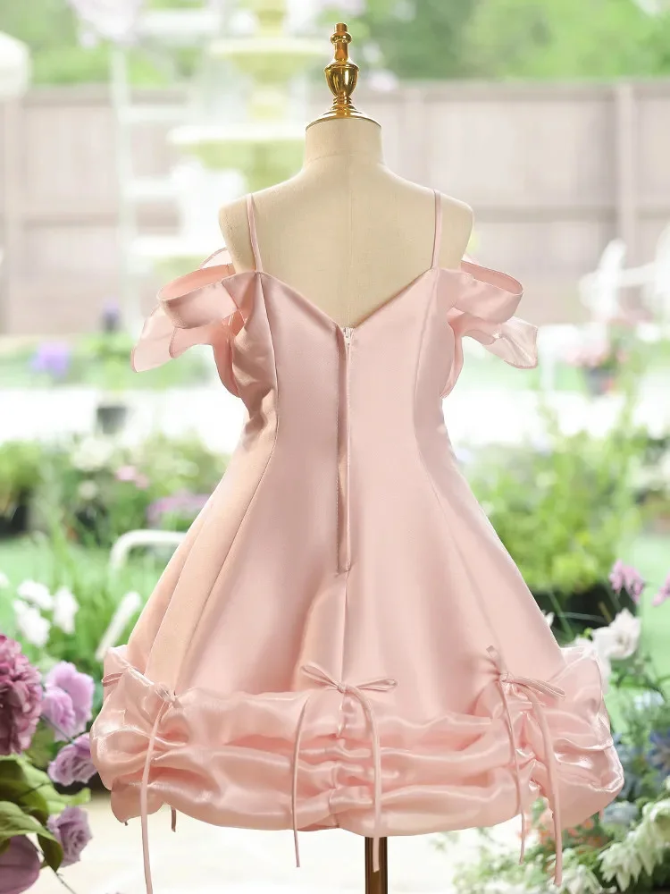 

Pink Satin Flower Girl Dress for Wedding Off Shoulder Ruffled Knee Lenght Kids Birthday Party First Communion Gowns Custom