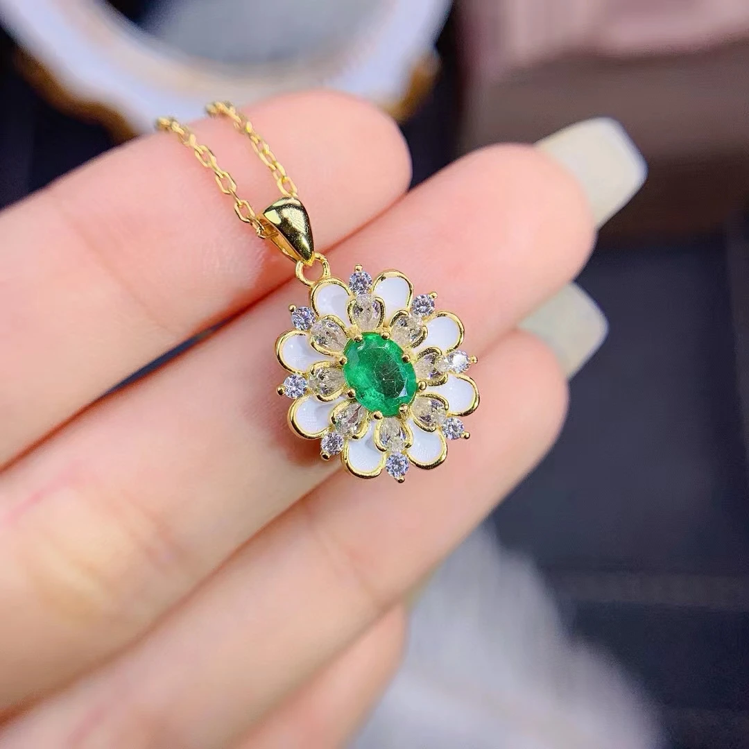 Natural Colombian Emerald Women's Ring Necklace Set S925 Pure Silver Inlaid Nearly Full Clarity High-quality Support Testing