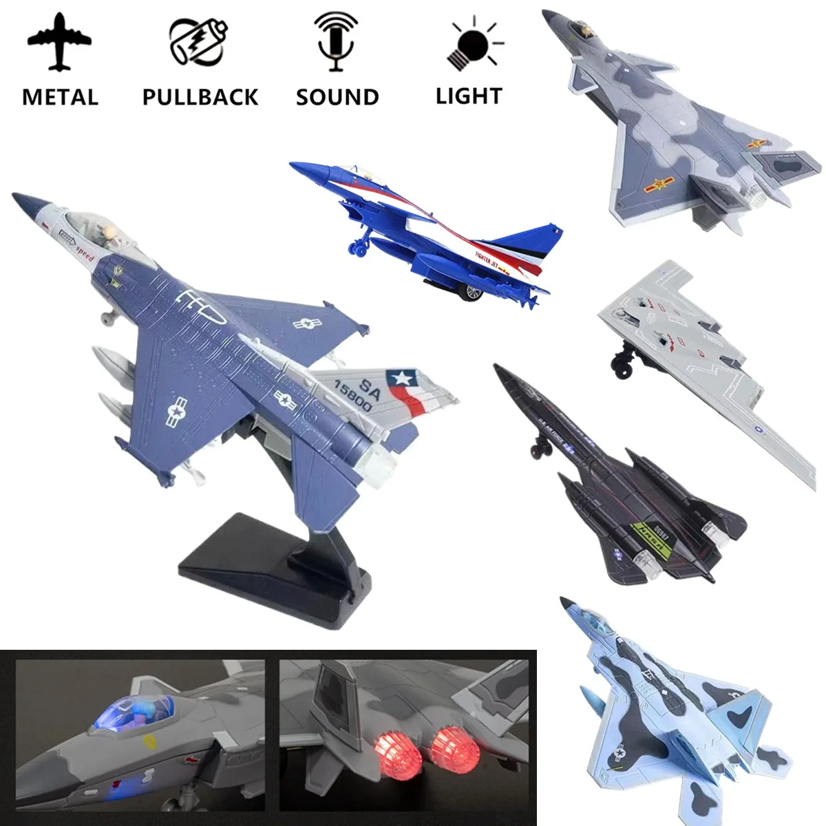 Pullback & Go Jet F16 giocattolo per aerei da combattimento con suono leggero, scala 1:50 Diecast B2 F22 F35 SU35 Aviao modello di aereo Kid Boy Gift