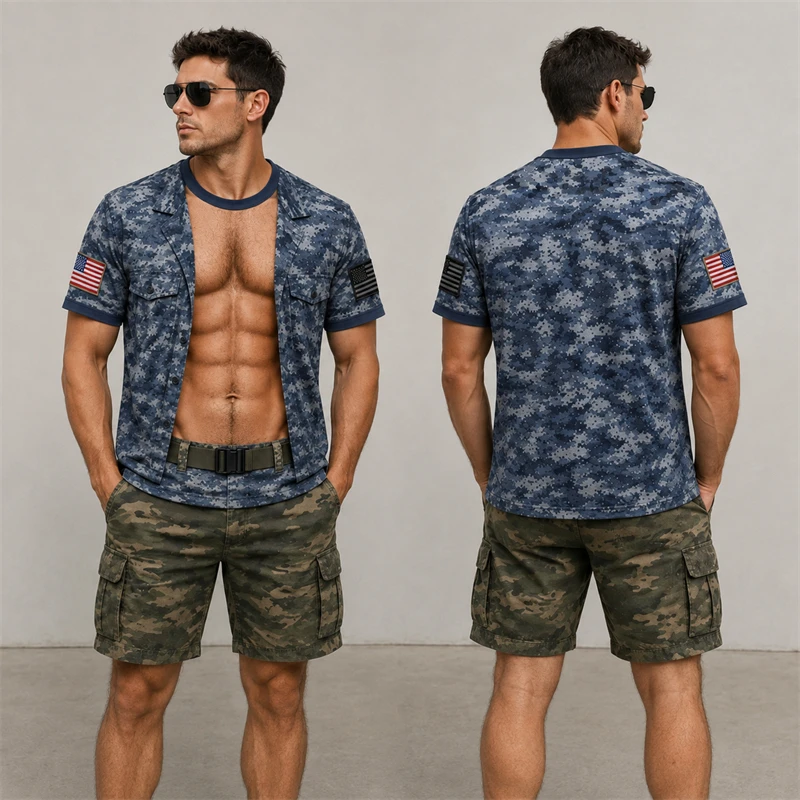 Fashion Camouflage Pattern 3D Print T Shirt For Men Fake Open Shirt Muscle Chest Short Sleeve Tees Tactical Cosplay Casual Tops